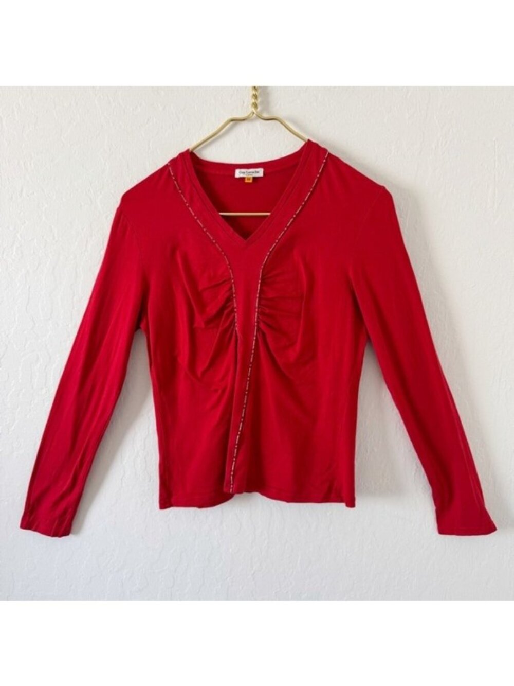 Guy Laroche Red V-Neck Ruched Stretch Viscose Long Sleeve Top Small